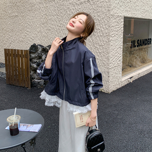 蕾丝花边拼接外套女2025年春季新款小个子休闲运动撞色条纹夹克潮图片