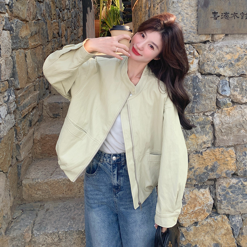 黄色立领皮衣外套女2025春季新款今年流行小个子宽松休闲机车夹克,女装短外套,浙宝271
