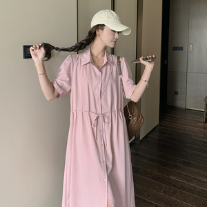 宽松慵懒风粉色衬衫连衣裙女夏2025新小众设计感气质减龄休闲长裙图片