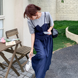 设计感撞色拼接假两件牛仔连衣裙女2025年夏季新款韩系学院风长裙，女装连衣裙，浙宝271