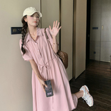 宽松慵懒风粉色衬衫连衣裙女夏2025新小众设计感气质减龄休闲长裙，女装连衣裙，浙宝271