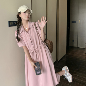 宽松慵懒风粉色衬衫连衣裙女夏2025新小众设计感气质减龄休闲长裙图片
