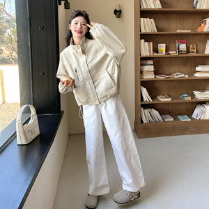 米白色高品质蛋白皮衣外套女2025秋秋新款韩版洋气立领pu夹克上衣图片