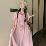 宽松慵懒风粉色衬衫连衣裙女夏2025新小众设计感气质减龄休闲长裙，女装连衣裙，浙宝271