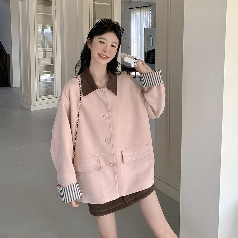 条纹拼接麂皮绒外套女春秋2025新款甜美风炸街高级感小个子上衣,女装短外套,浙宝271