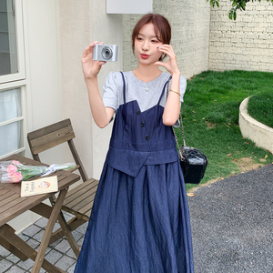 设计感撞色拼接假两件牛仔连衣裙女2025年夏季新款韩系学院风长裙