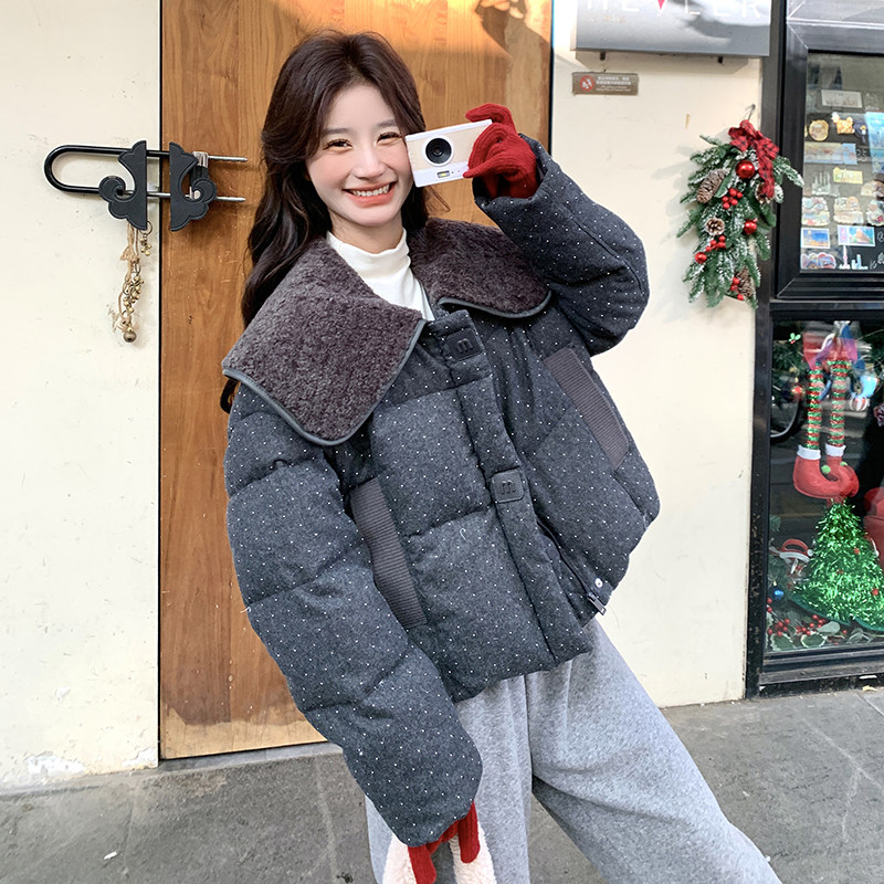 羊羔毛娃娃领波点羽绒服外套女新款韩系小个子短款90白鸭绒面包服,女装羽绒服,浙宝271