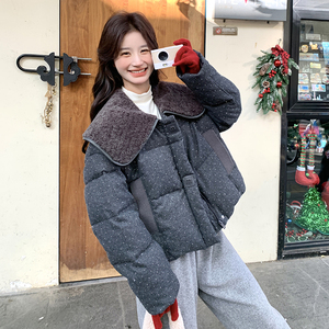 羊羔毛娃娃领波点羽绒服外套女新款韩系小个子短款90白鸭绒面包服图片