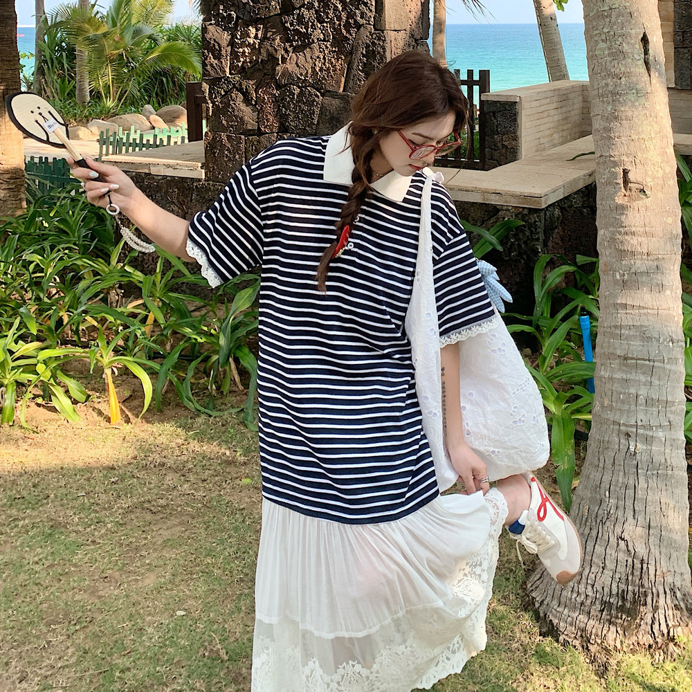 A字裙拼接夏季条纹圆领连衣裙见外包装荡领长裙,女装连衣裙,浙宝271