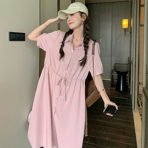 宽松慵懒风粉色衬衫连衣裙女夏2025新小众设计感气质减龄休闲长裙图片