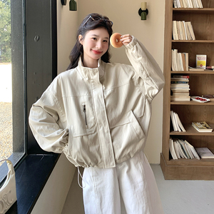 米白色宽松休闲PU皮衣外套女2025春秋季新款韩版显瘦立领夹克上衣