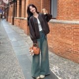 气质随性pu皮衣外套女2025秋季新款高级感复古宽松机车深棕色夹克，女装短外套，浙宝271