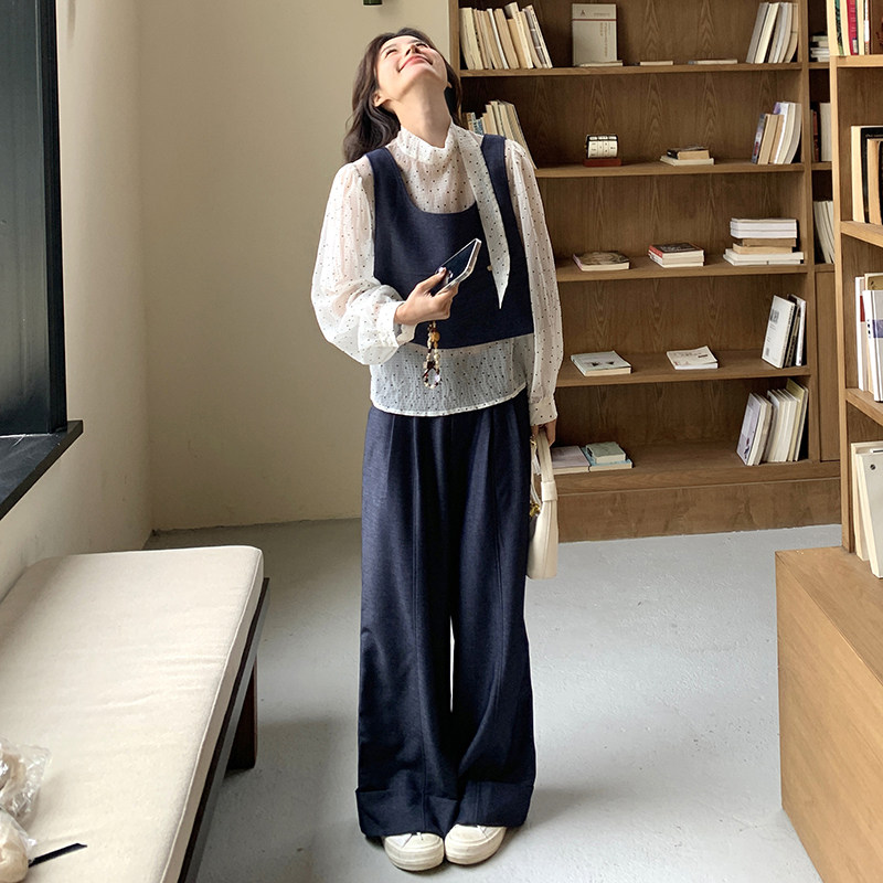 2025春季新款韩系波点衬衣马甲搭阔腿裤套装女时尚洋气减龄三件套,女装套装/套裙,浙宝271