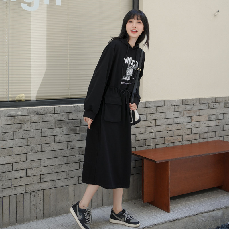黑色连帽卫衣连衣裙春秋女装2025新款流行春装气质时尚宽松长裙冬图片
