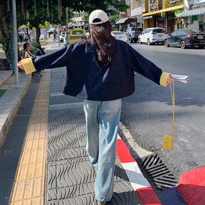 撞色拼接休闲短外套女2025春季新款设计感超好看宽松百搭夹克上衣图片