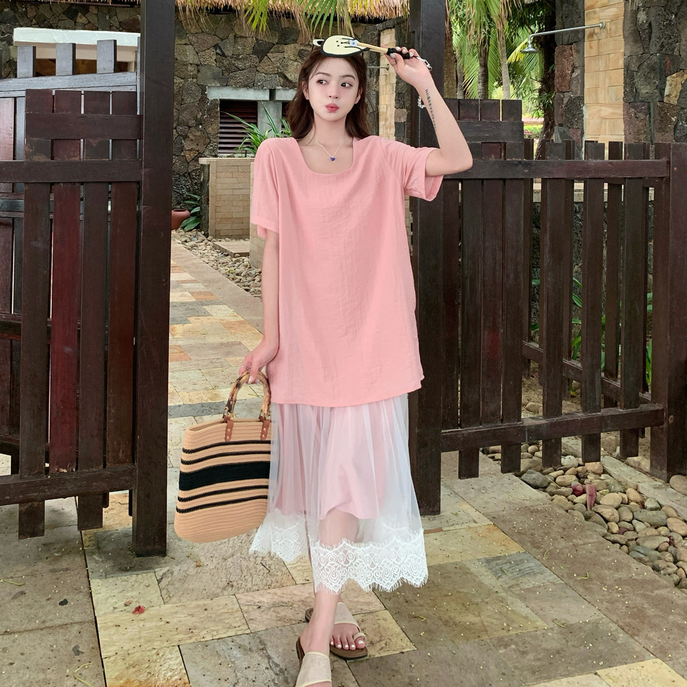 盐甜系粉色网纱拼接连衣裙女夏2025新款小众别致漂亮超好看T恤裙,女装连衣裙,浙宝271