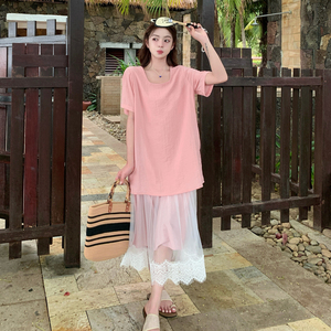 盐甜系粉色网纱拼接连衣裙女夏2025新款小众别致漂亮超好看T恤裙