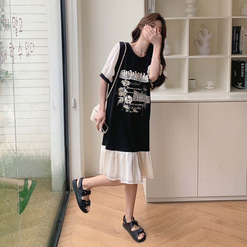 黑白拼接印花T恤连衣裙女2025夏季新款学院风宽松休闲小个子裙子,女装连衣裙,浙宝271