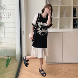 黑白拼接印花T恤连衣裙女2025夏季新款学院风宽松休闲小个子裙子图片