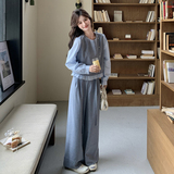 时尚休闲ootd穿搭一整套套装女2025春新款假两件上衣阔腿裤两件套，女装套装/套裙，浙宝271