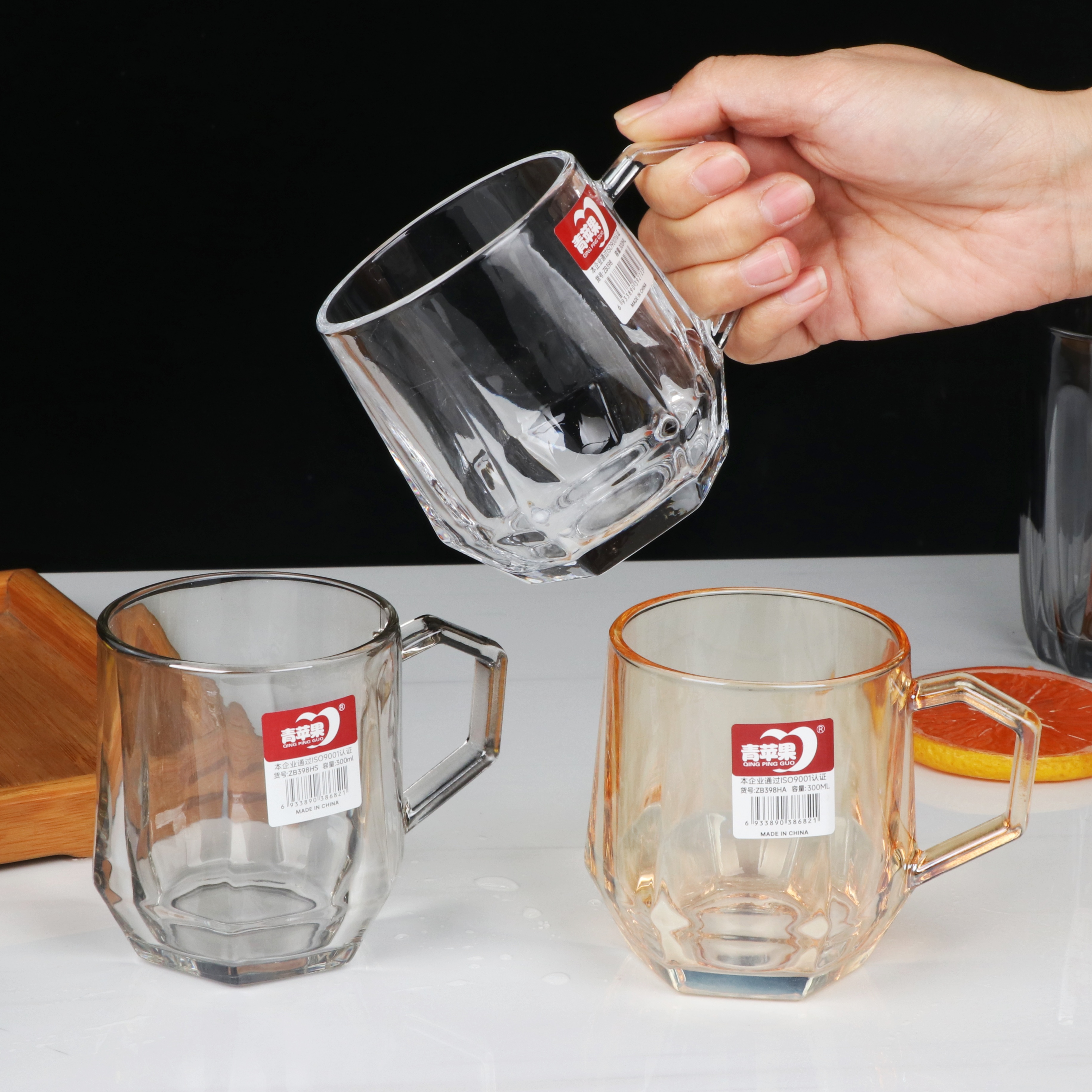 青苹果无铅玻璃水杯带把玻璃杯