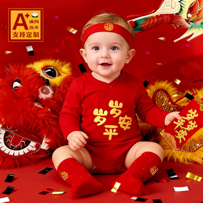 初生婴儿连体衣春秋季满月宝宝包屁衣男孩女红色纯棉喜庆新年服薄