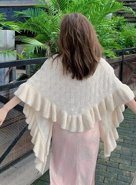 复古文艺春秋搭针织外套斗篷百搭旗袍披肩外搭甜美荷叶边针织开衫