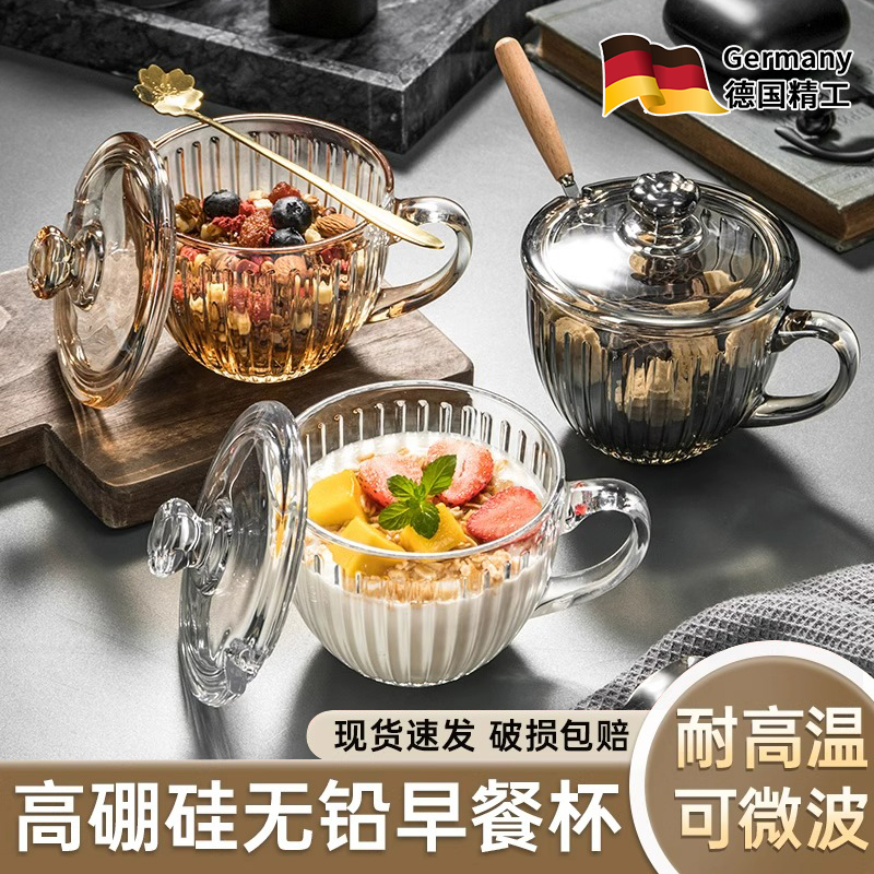 德国耐高温燕麦早餐杯高颜值酸奶玻璃带盖勺大容量麦片牛奶水杯子