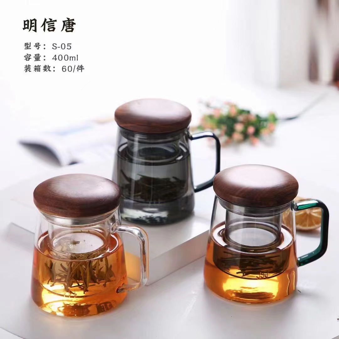 高硼硅耐热玻璃三件内胆竹盖玻璃杯