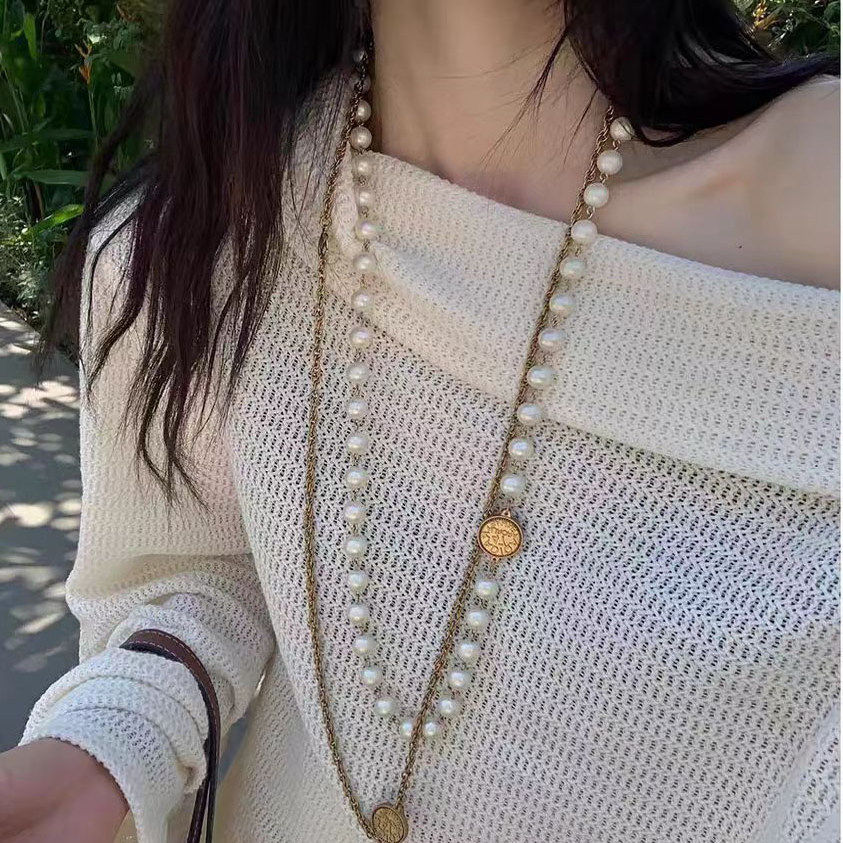 网红欧阳同款法式做旧金币珍珠长链中古徽章毛衣链欧美风配饰女