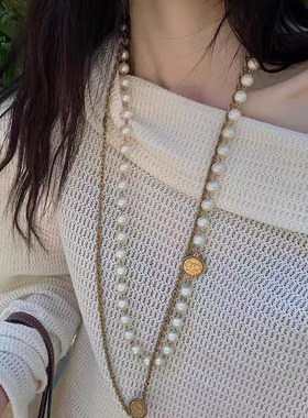 网红欧阳同款法式做旧金币珍珠长链中古徽章毛衣链欧美风配饰女