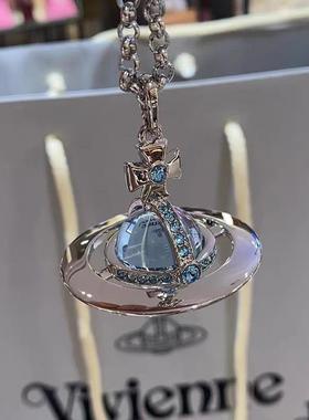 新款大号中号冰川蓝飞碟星球项链女 轻奢立体土星ORB毛衣链