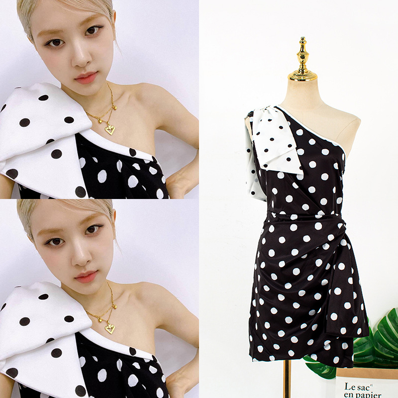 blackpink朴彩英rose同款波点斜肩连衣裙女拼色蝴蝶结短裙小清新