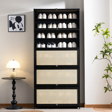 藤编实木鞋柜家用门口日式入户大容量收纳柜整装黑色玄关柜储物柜