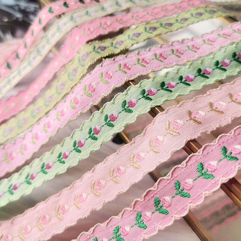 民族风织带辅料刺绣双色花朵波浪边手工蝴蝶结发饰丝带缎带花边