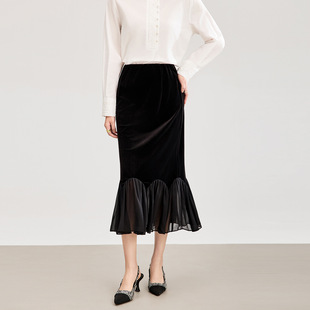 法式浪漫丝绒抽褶中长款半身裙女松紧腰荷叶边拼接显瘦半裙春下装