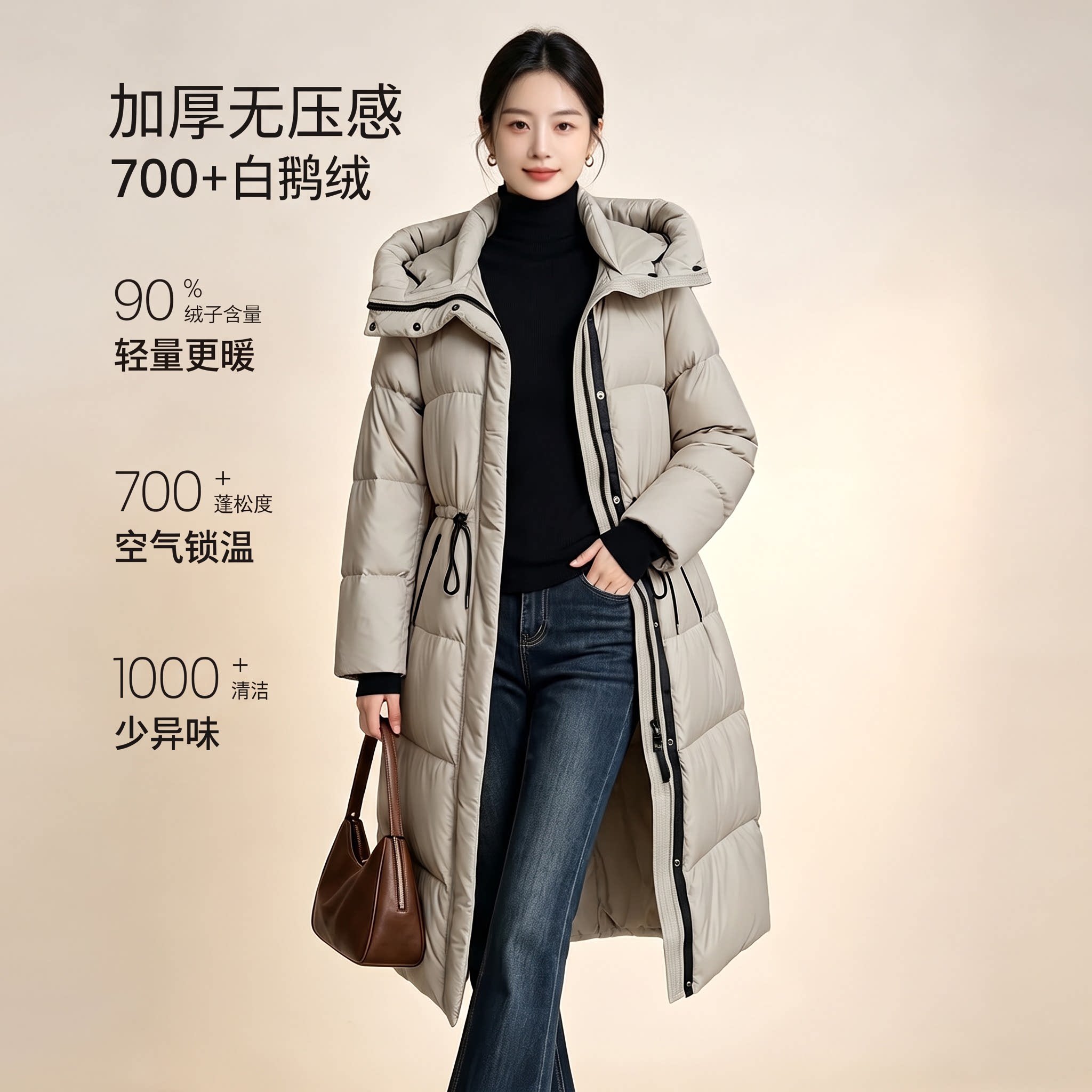 诗都奇连帽鹅绒过膝女羽绒服