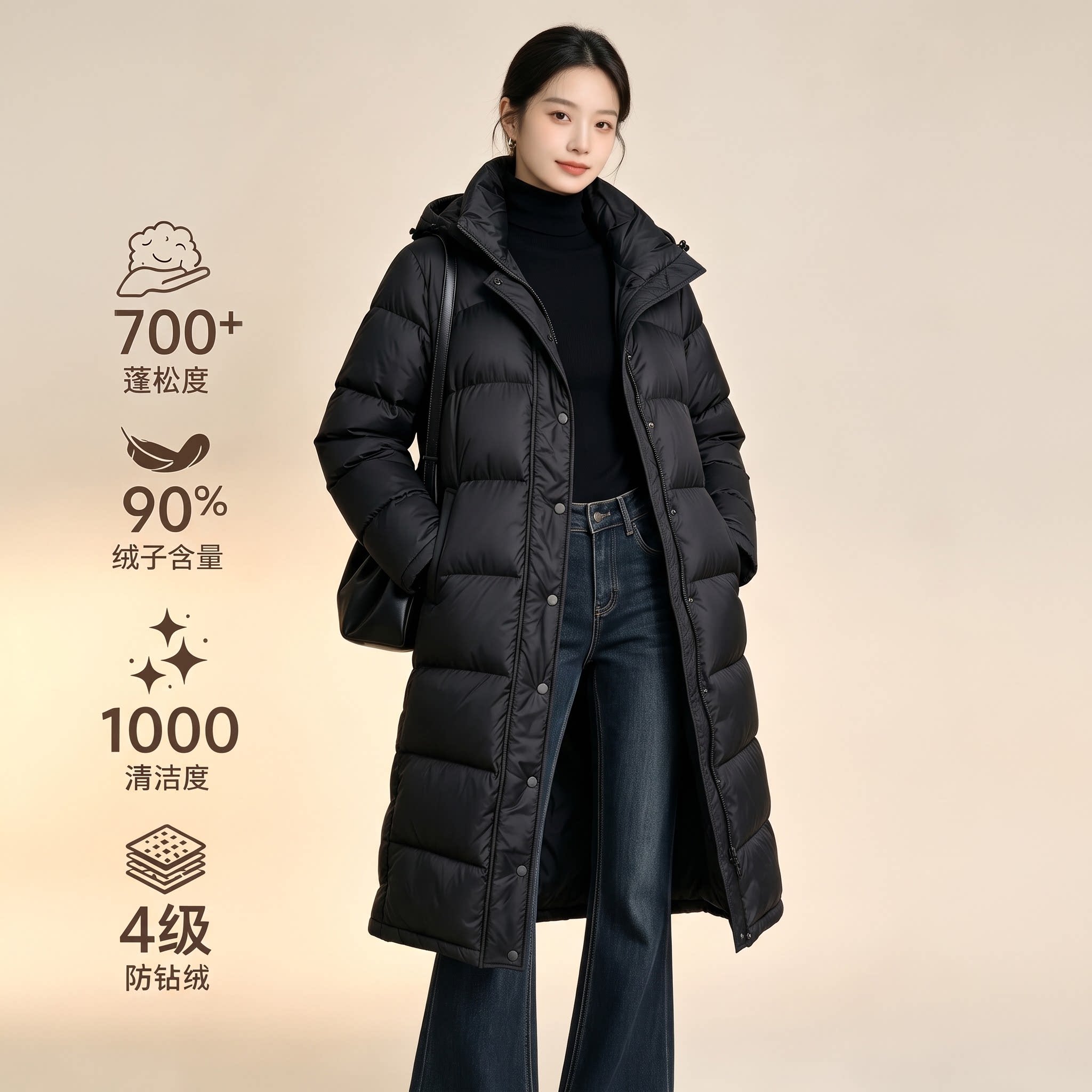 诗都奇白鹅绒过膝显瘦羽绒服女