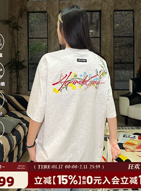 [章若楠同款]404MOB手写花卉刺绣短袖T恤男女款美式宽松凉感防晒t