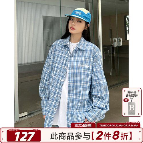 404MOB蓝色褶皱刺绣复古格纹长袖衬衫男薄款ins简约宽松潮流衬衣