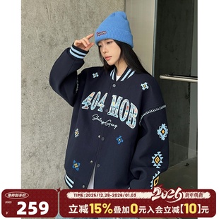404MOB民族风编织感贴布刺绣潮流新品 学院情侣外套 夹克棒球服美式
