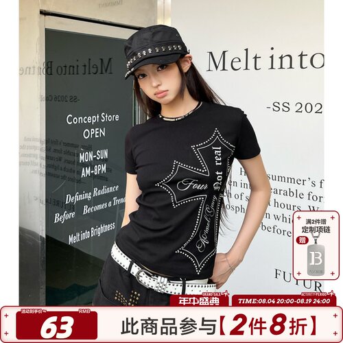 404MOB美式立体烫钻甜辣正肩修身款短袖上衣女十字架印花短T恤衫