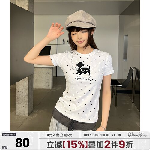 404MOB韩系小狗波点满印短袖t恤女夏季修身显瘦收腰辣妹正肩上衣