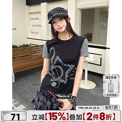 404MOB百搭甜美音符印花短袖T恤女夏季拼接显瘦辣妹Y2K轻亚风上衣