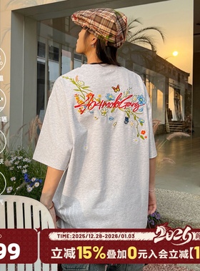 [章若楠同款]404MOB手写花卉刺绣短袖T恤男女款凉感UPF50防晒t恤