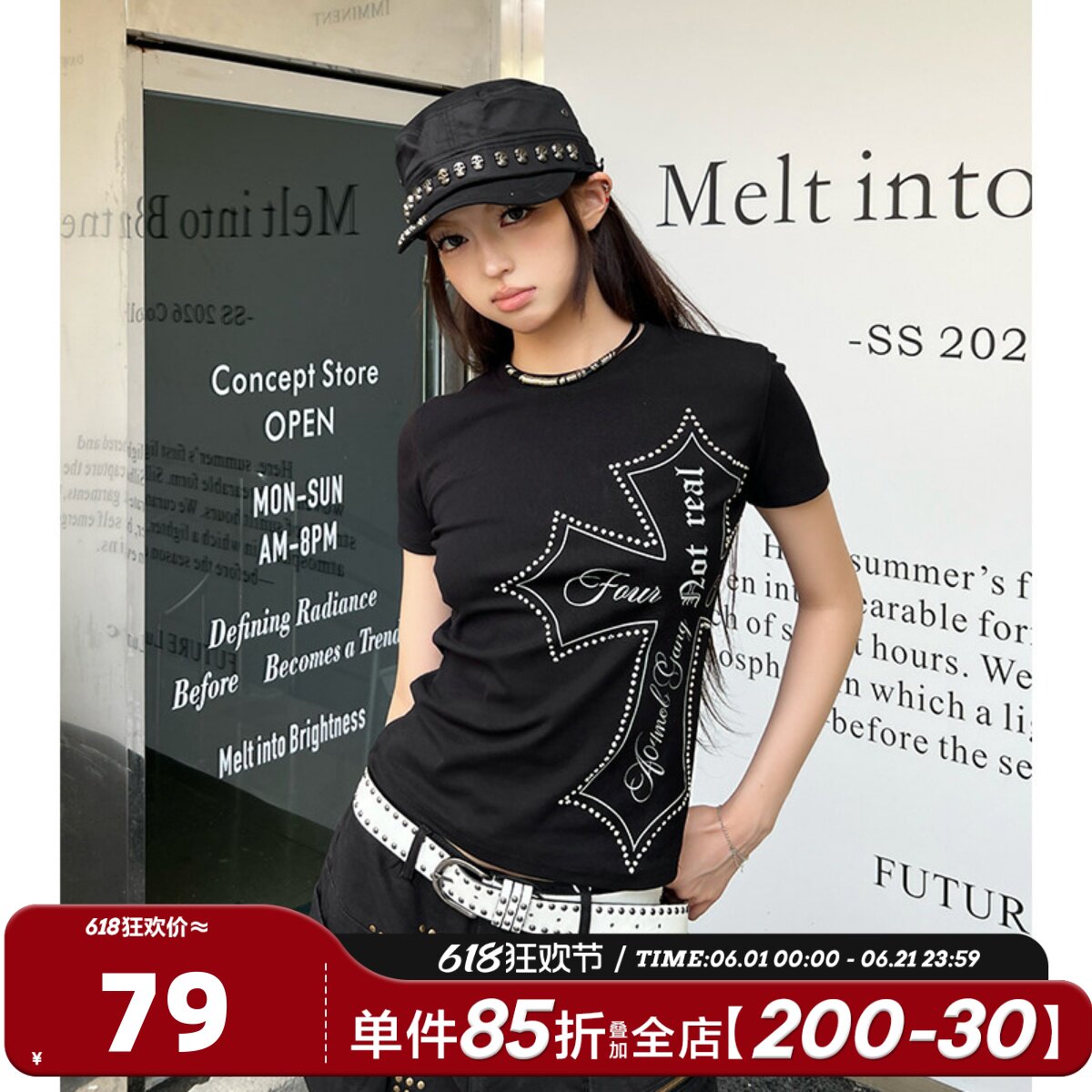 404MOB美式立体烫钻甜辣正肩修身款短袖上衣女十字架印花短T恤衫