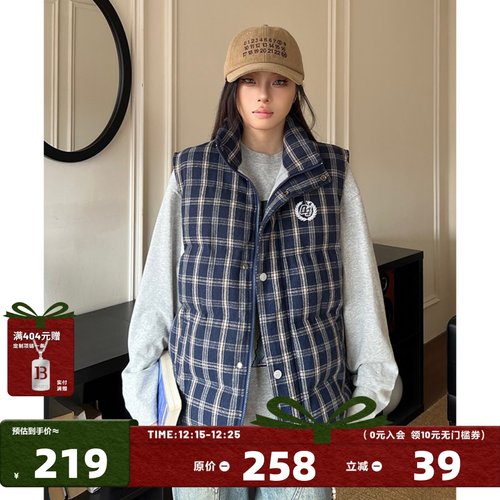 404MOB美式格纹无袖马甲棉服宽松秋冬新款男女复古叠穿外套上衣潮