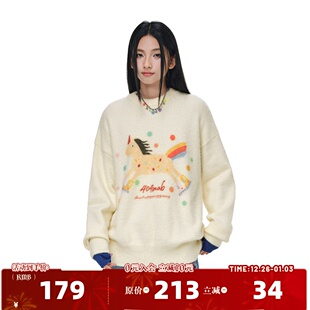 404MOB马年2026趣味印花仿貂毛软糯保暖冬季 外套潮 毛衣慵懒针织衫