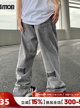 404MOB潮牌刺绣oversize裤子ins高街潮牌欧美vibe烟灰色牛仔裤男