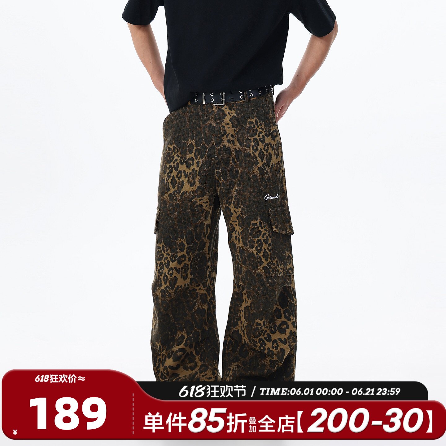 404MOB美式复古多口袋豹纹工装裤男女街头休闲阔腿宽松裤子hiphop